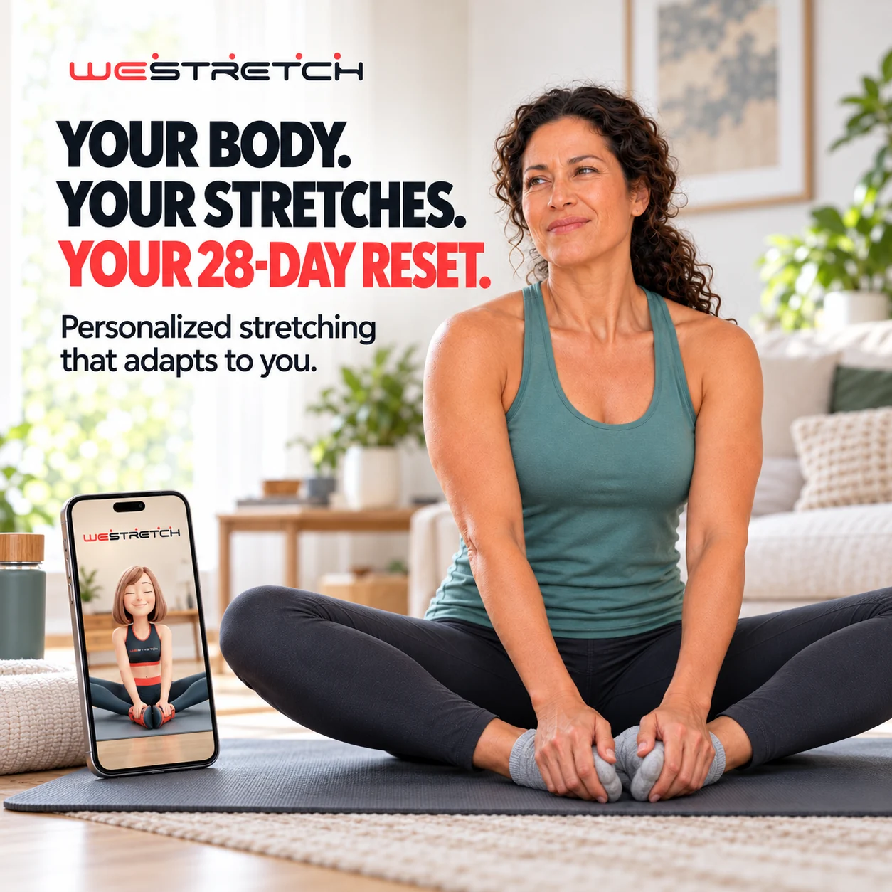 WeStretch graphic: Your body. Your stretches. Your 28-Day Reset. Personalized stretching that adapts to you.