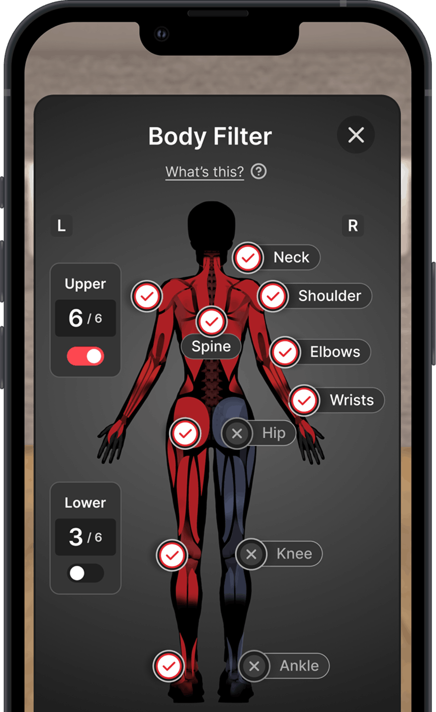 WeStretch body filter showing which joints to include or exclude