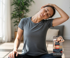 A photo of a woman gently stretching her neck by tilting her head
