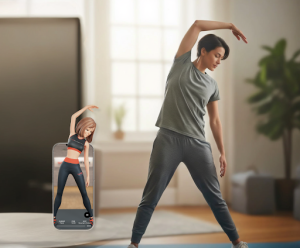 An image of a woman doing a side stretch at home beside a phone showing the WeStretch app demonstrating the same movement.
