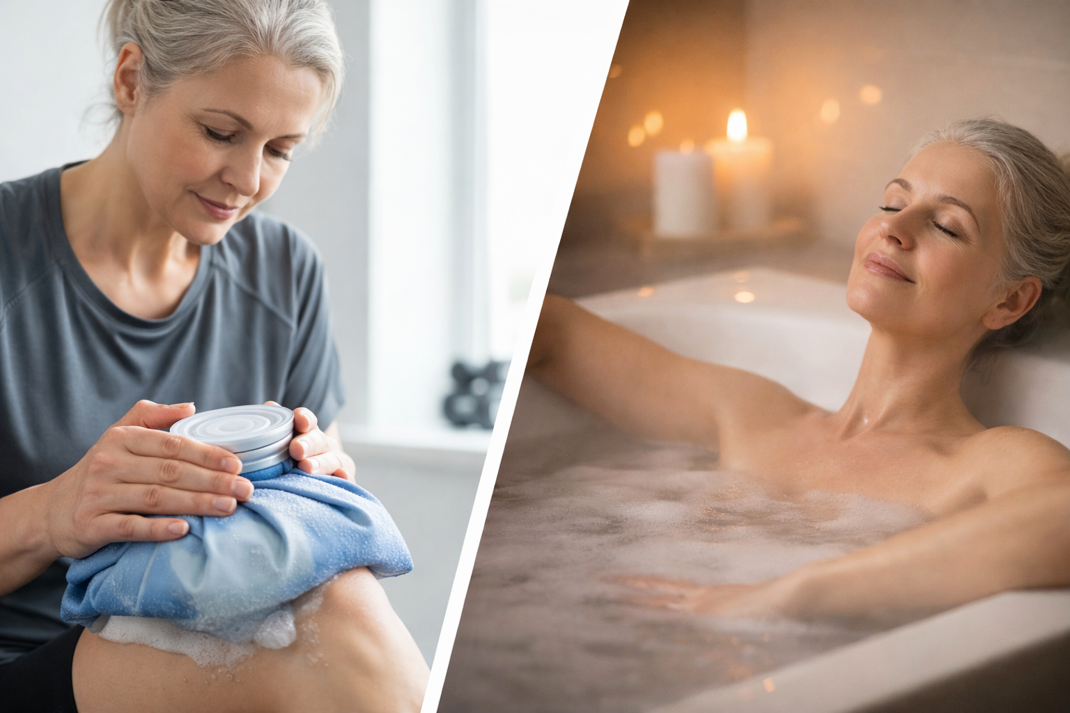 An image of a comparison between cold therapy with an ice pack and a hot bath for sore muscle recovery.