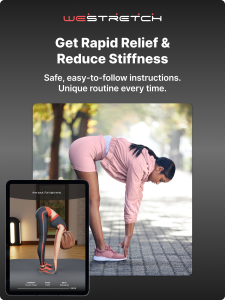 A photo of a person performing a toe-touch stretch outdoors with the WeStretch app displayed, guiding a flexibility routine for stiffness relief.