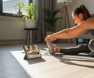 An image of a person stretching their hips at home while following a guided routine on a tablet.