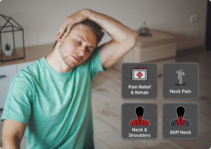 a photo of a person stretching their neck outdoors to relieve stiffness