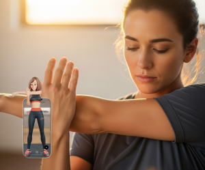 An image of a woman stretching her arm across her chest in warm natural light.