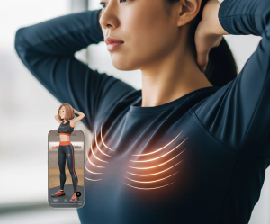 A photo of a woman performing a chest opener stretch with her hands behind her head, with glowing lines across the chest highlighting muscle activation.