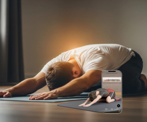An image of a man in a child’s pose stretch on a yoga mat, focusing on gentle breathing and relaxation.