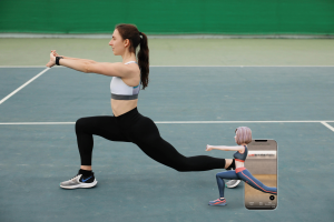 A photo of a woman performing a deep lunge stretch to release hip tension after sitting all day.
