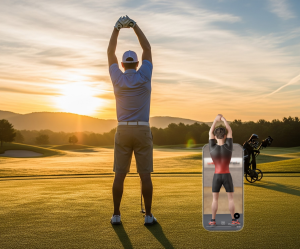 An image of a golfer doing golf stretches by pulling his arm overhead on a sunrise green.