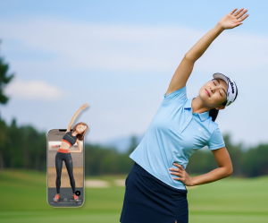 An image of a woman doing golf stretches with a side bend on the fairway under a clear sky.