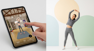 A photo of a person using the WeStretch app on a tablet while a woman performs the same stretch beside it.