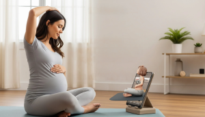 An image of a pregnant woman stretching with WeStretch app instructions on the screen beside her.