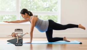 A photo of a pregnant woman doing a bird dog exercise on a yoga mat.