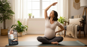 A photo of a pregnant woman sitting on a mat doing a gentle side stretch with the WeStretch app nearby.