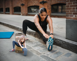 A photo of a woman performing a seated hamstring stretch during a daily stretch routine.