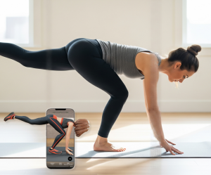 A photo of a woman doing a forward hinge balance stretch on a yoga mat with one leg extended behind her in a bright studio.