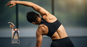 An image of an athlete performing a side stretch targeting shoulder blade muscles and upper back mobility.
