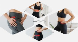 A photo collage showing highlighted pain areas in the inner thigh and hip with red markers and arrows.