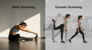 A photo comparing static stretching on the left with a woman holding a seated stretch and Active stretching on the right with a woman moving through leg swings.