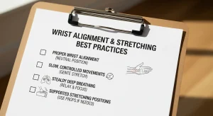 A photo of a checklist showing proper wrist alignment, slow movement, steady breathing, and supported stretching positions.