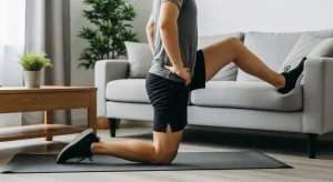 A photo of a couch stretch with the back knee on the floor and the foot elevated to target the hip flexors.