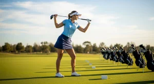 A photo of a female golfer holding a club across her shoulders while performing a warm-up rotation on the driving range.