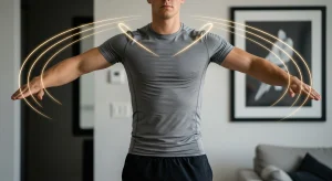 A photo of a man doing arm swing warm-ups with light motion trails added to highlight the circular movement of his arms.