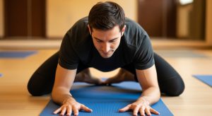 A photo of a man in a yoga studio performing Frog Pose with knees wide and forearms on the mat.