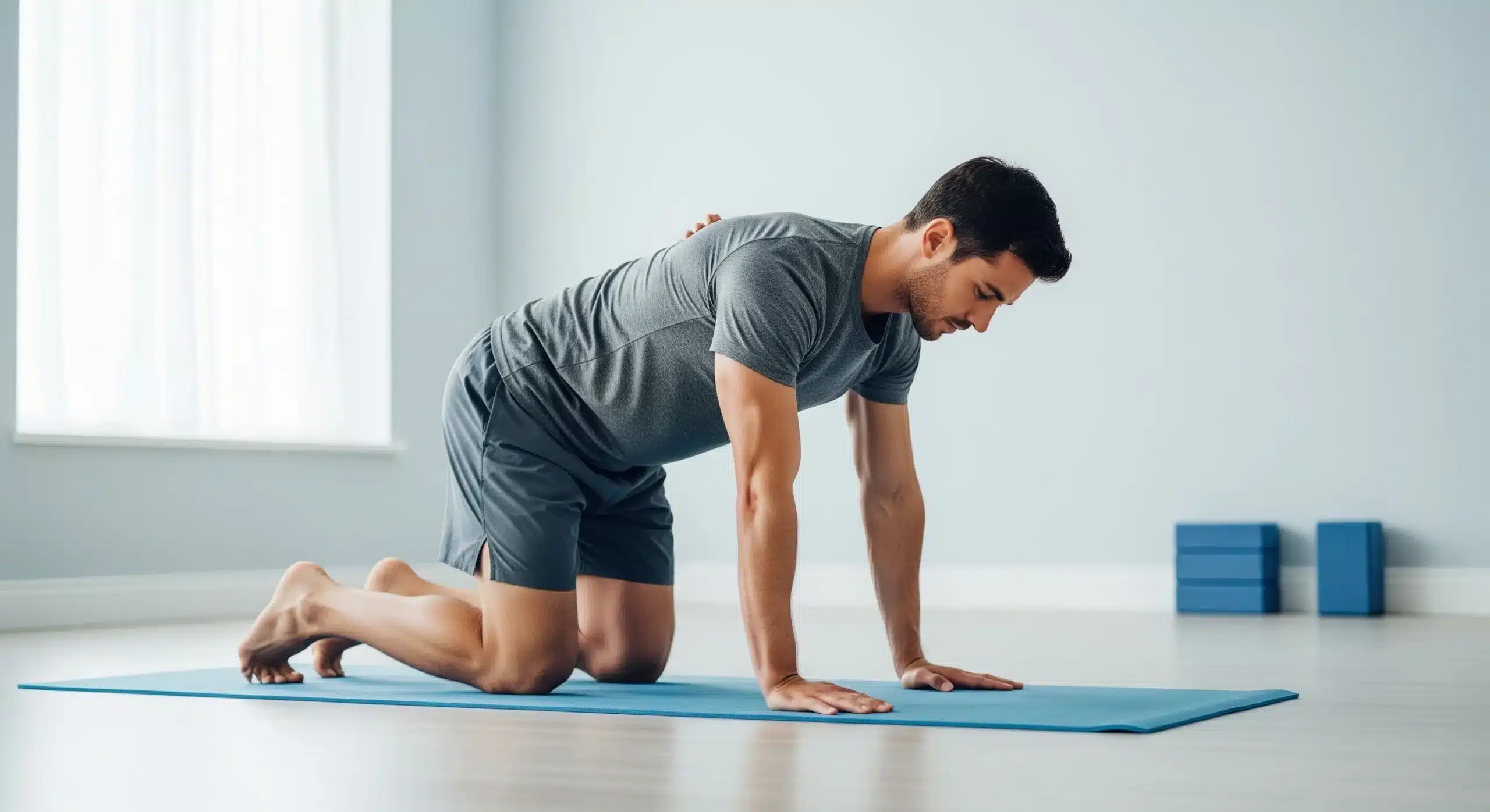 A photo of a man on hands and knees preparing for a back stretch to improve rhomboid muscle mobility.