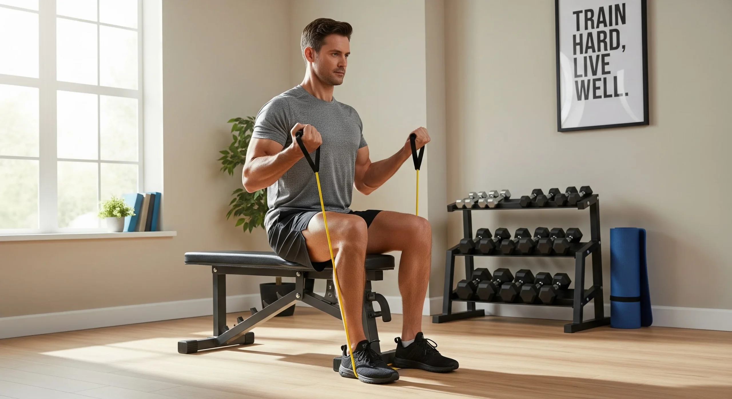 A photo of a man performing resistance band curls to strengthen the elbow joint and forearm muscles.