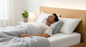 a photo of a man sleeping on his back with a supportive neck pillow