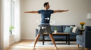 A photo of a man standing in a wide stance, rotating his torso with illustrated arrows showing the direction of movement.