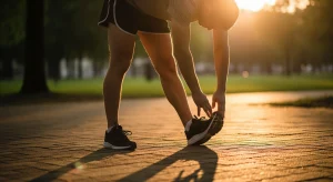 A photo of a person bending forward to touch their toes in a controlled stretch.