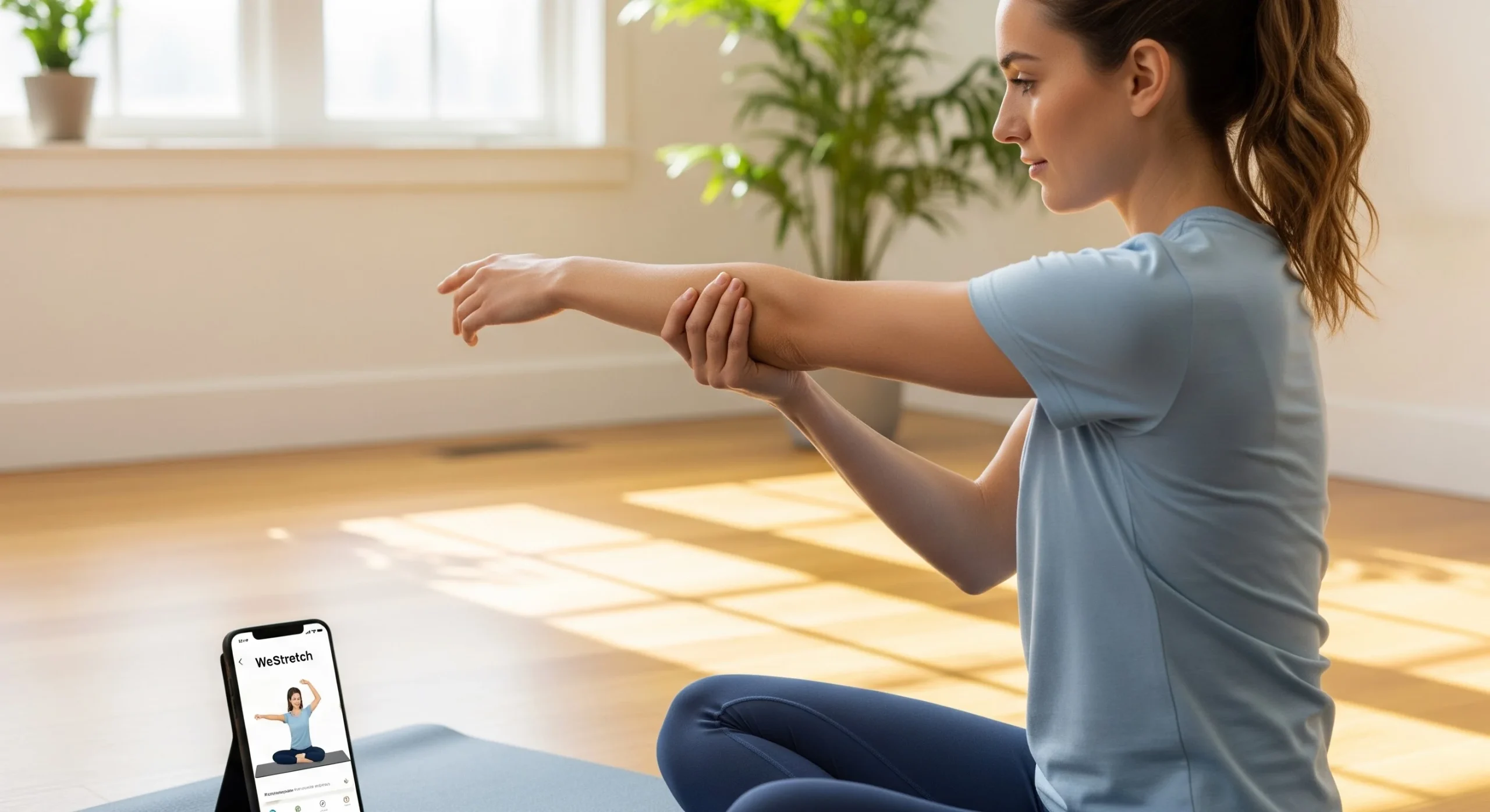 A photo of a person doing elbow joint stretches on a yoga mat while following a guided routine on the WeStretch app.