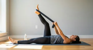 A photo of a person lying on a yoga mat using a strap to stretch the hamstrings and lower back.