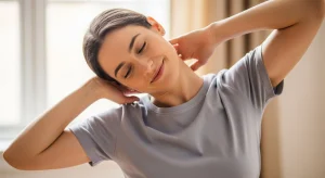 A photo of a person performing a gentle neck stretch to relieve tension.