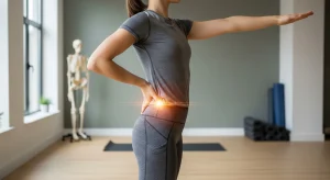 A photo of a person performing a standing lower back stretch, highlighting the erector spinae muscles in a fitness studio.