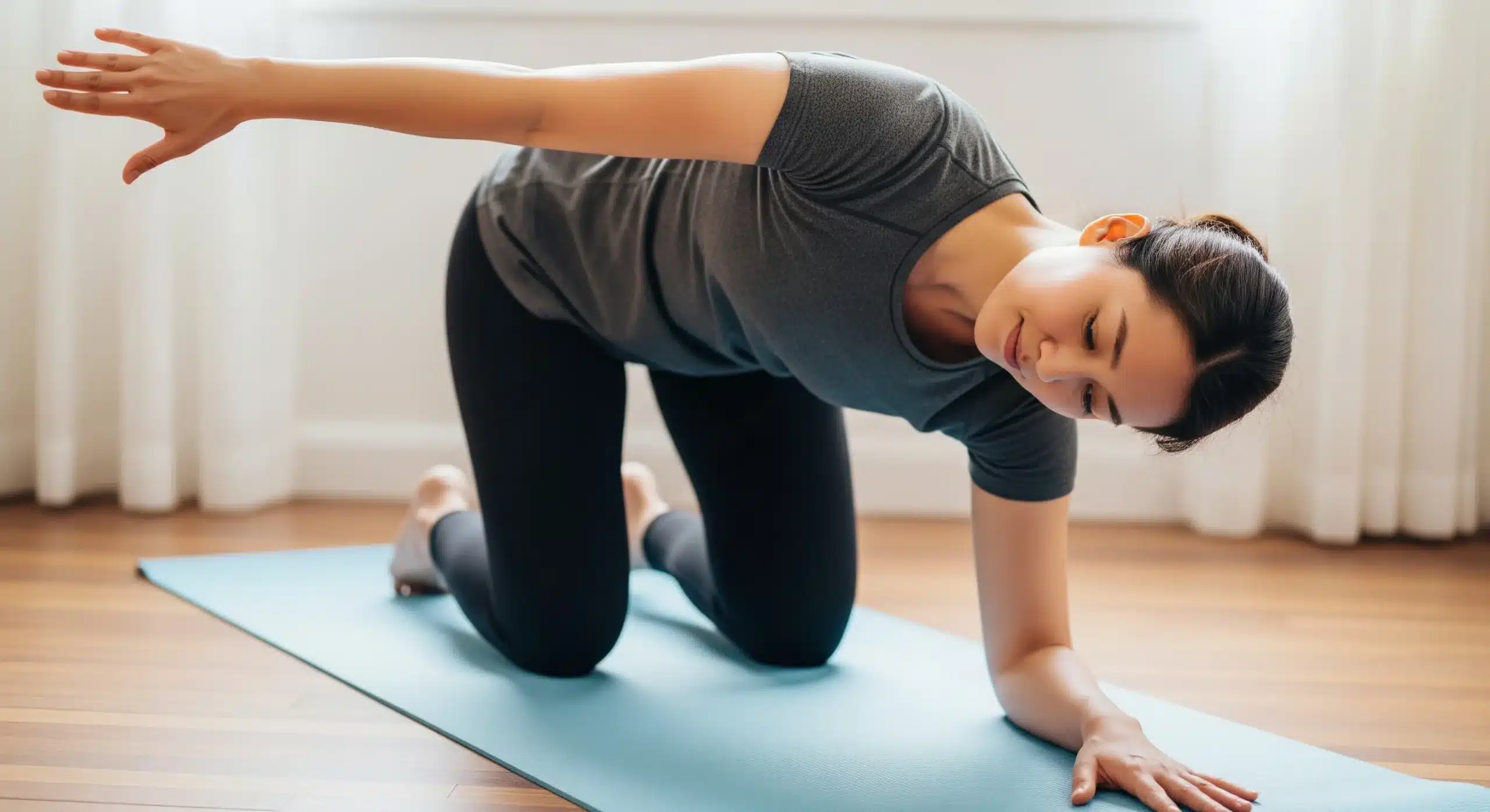 A photo of a person performing the Thread the Needle stretch on a yoga mat to stretch the rhomboid muscle and upper back.