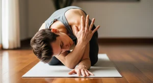 A photo of a person resting in a gentle spinal twist stretch on a yoga mat.