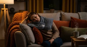 a photo of a person resting with a heated neck wrap on a couch