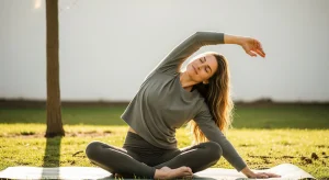 A photo of a person seated outdoors performing a side bend stretch for spinal mobility.