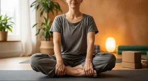 A photo of a person sitting upright in a butterfly stretch to open the hips and inner thighs.