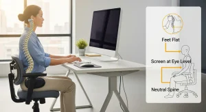 A photo of a person sitting with proper posture, neutral spine, and screen at eye level.