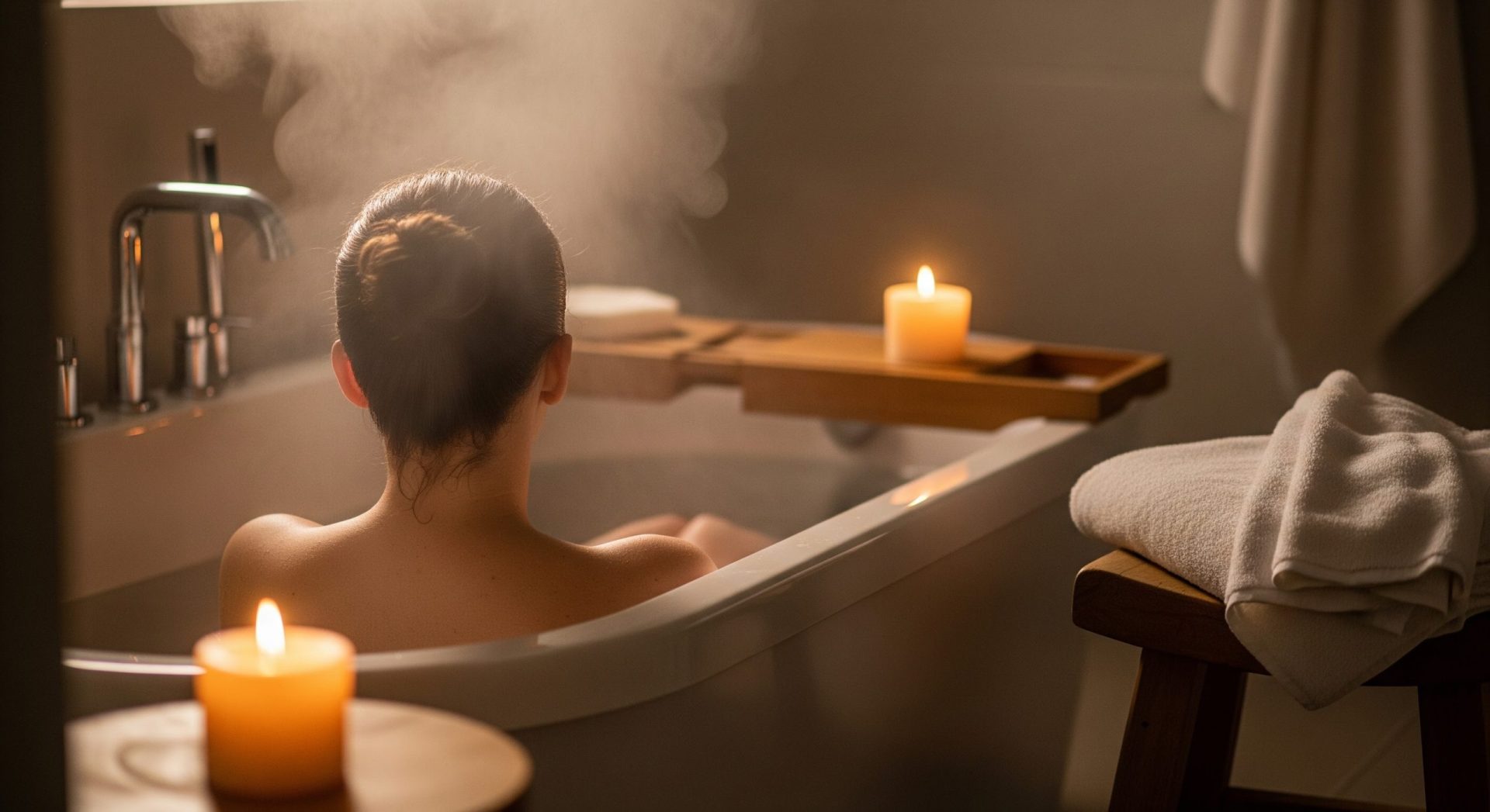 A photo of a person soaking in a hot bath with candles and steam, illustrating heat therapy for sore muscles.