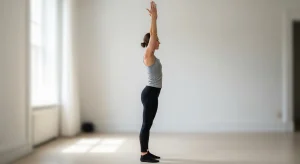 A photo of a person standing tall with arms raised in a beginner core exercise.