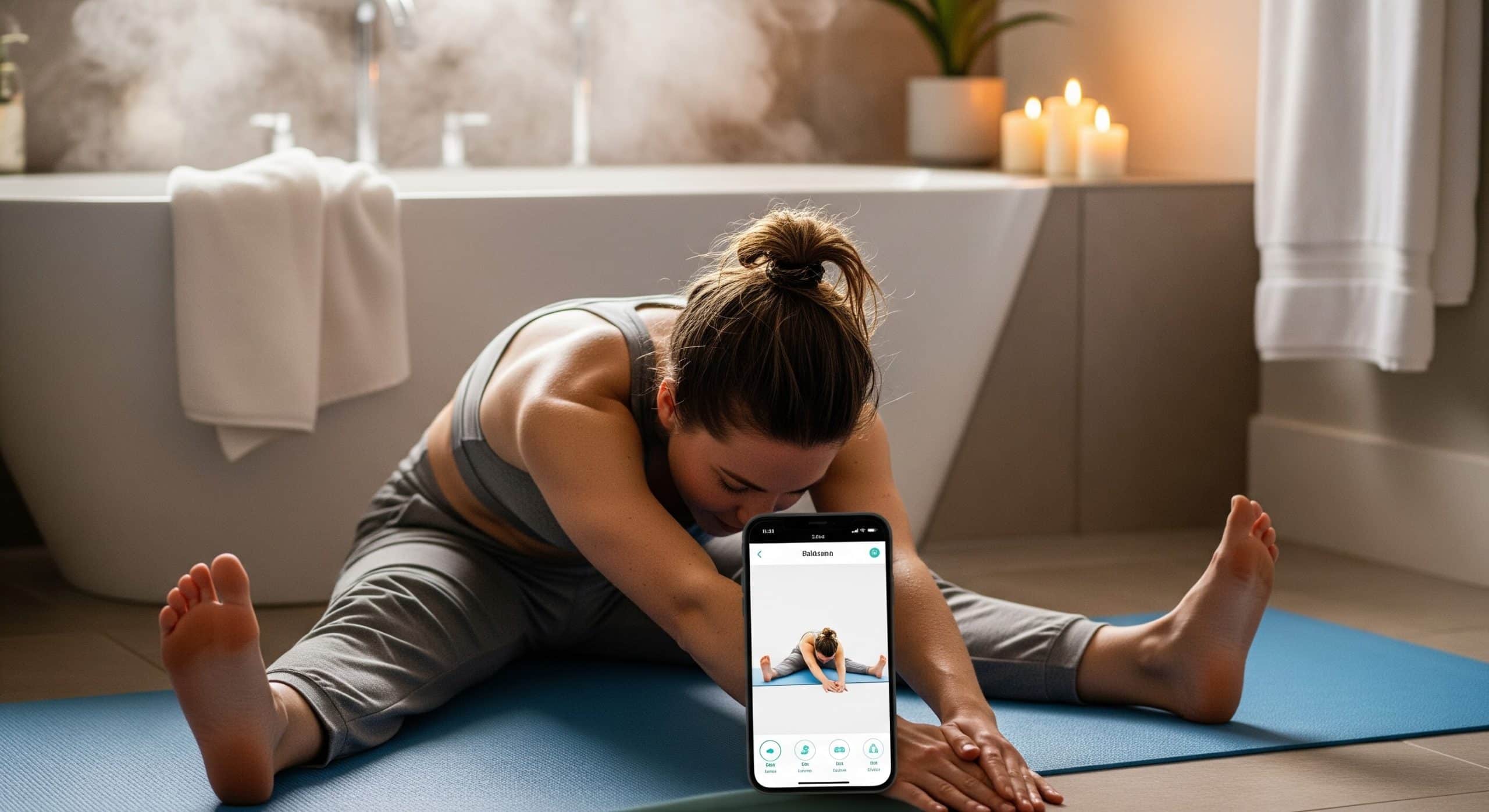 A photo of a person stretching on a yoga mat while following a stretching routine on a smartphone after a hot bath.