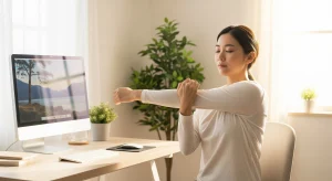 A photo of a person stretching their shoulder and upper arm at a desk.