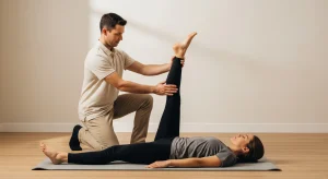 A photo of a practitioner guiding a woman through an assisted hamstring stretch as she lies on a mat, helping her reach a deeper and safer range of motion.