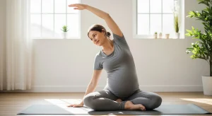 A photo of a pregnant woman doing a seated side stretch on a yoga mat.