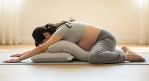 A photo of a pregnant woman in supported child’s pose with pillows for comfort.